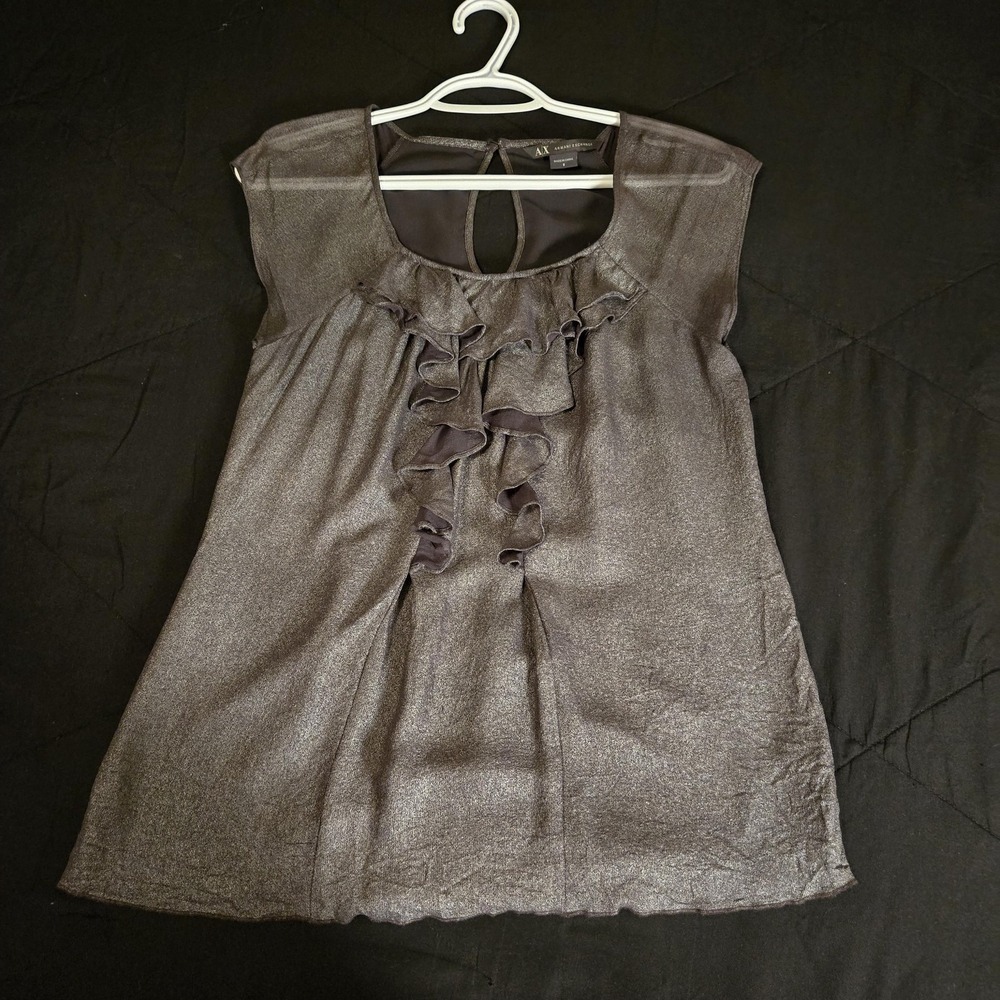 Armani Exchange Blouse Womens Small‎ Gray 100% Silk Ruffle Scoop Neck Tunic Top